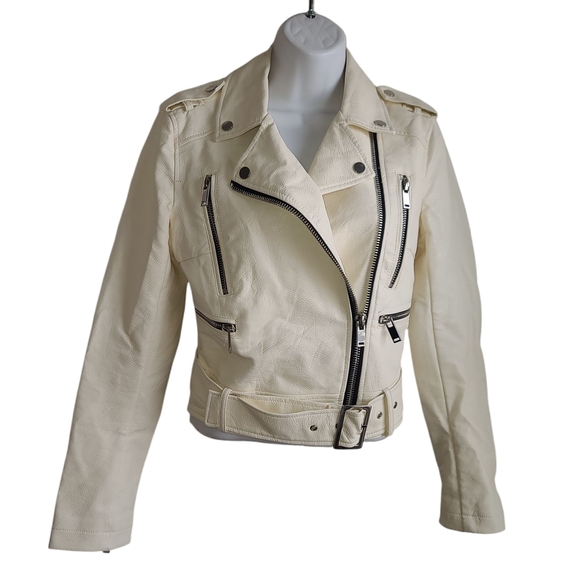 Source Unknown Jackets & Blazers - Leather Motorcycle Jacket Cream off white  with Asymmetrical Zipper s/m
